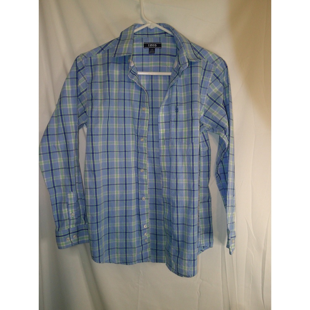 IZOD Boys Plaid Button‎ Down Shirt Long Sleeve Blue Green Size L 14/16